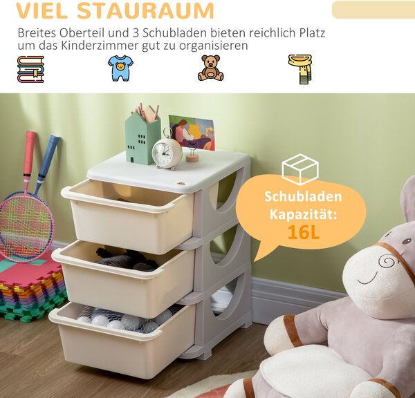 HOMCOM Dětská skříňka s šuplíky a úložným prostorem, organizér na hračky, toy chest, tři úrovně pro dětský pokoj 3-6 let, dětský nábytek, krémová 37 x