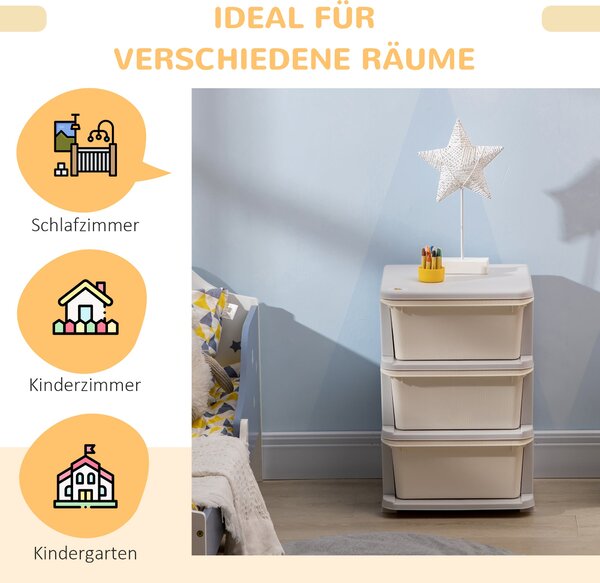 HOMCOM Dětská skříňka s šuplíky a úložným prostorem, organizér na hračky, toy chest, tři úrovně pro dětský pokoj 3-6 let, dětský nábytek, krémová 37 x