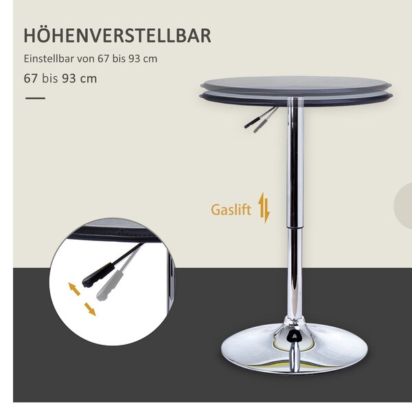 HOMCOM Barový Stůl, Jídelní Stůl, Stůl do Kuchyně pro Obývací Pokoj a Jídelnu, Chromová Ocel, Umělá Kůže, Černá, Ø63 x 67-93 cm | Aosom
