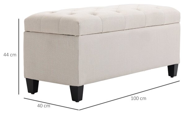 HOMCOM Čalouněná lavice se storage pro předsíň, ložnici a obývací pokoj, polyester v lněném vzhledu, gumové dřevo, krémově bílá, 100 x 40 x 44 cm | Ao