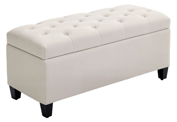 HOMCOM Čalouněná lavice se storage pro předsíň, ložnici a obývací pokoj, polyester v lněném vzhledu, gumové dřevo, krémově bílá, 100 x 40 x 44 cm | Ao