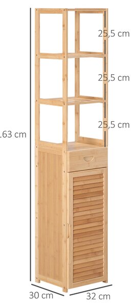 Kleankin Koupelnová skříňka se zásuvkou, tři police, otevřený prostor, bambus, vysoká skříňka do koupelny a obývacího pokoje, 32 x 30 x 163 cm Přírodn