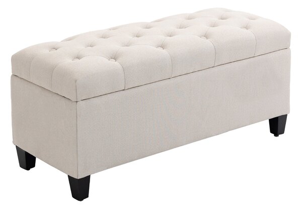 HOMCOM Čalouněná lavice se storage pro předsíň, ložnici a obývací pokoj, polyester v lněném vzhledu, gumové dřevo, krémově bílá, 100 x 40 x 44 cm | Ao