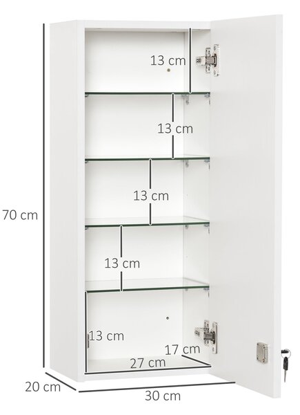 Kleankin Lékárnička - Závěsná skříňka s nastavitelnou policí, plusem první pomoci, uzamykatelná pro koupelny, kuchyně a chodby, bílá 30x20x70 cm | Aos