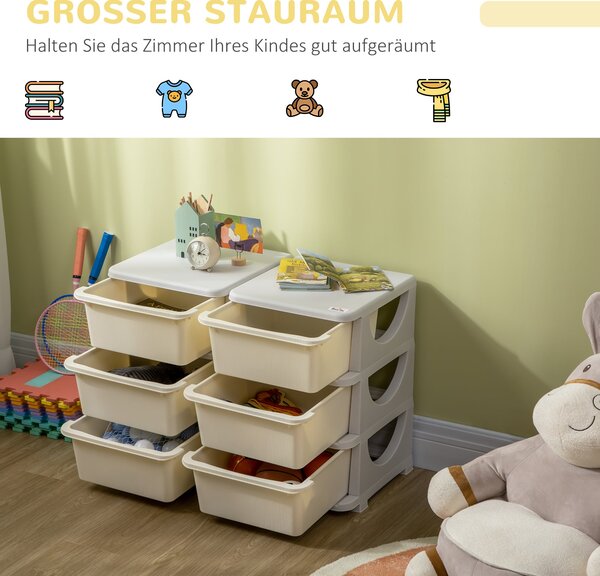 HOMCOM Úložný kabinet pro děti s úložným prostorem, boxy na hračky, organizér hraček, šest úrovní pro dětský pokoj 3-6 let, dětský nábytek, krémově bí