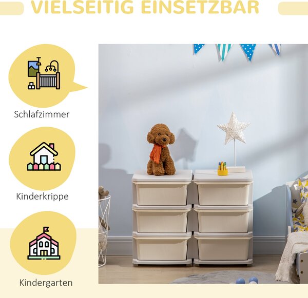 HOMCOM Úložný kabinet pro děti s úložným prostorem, boxy na hračky, organizér hraček, šest úrovní pro dětský pokoj 3-6 let, dětský nábytek, krémově bí