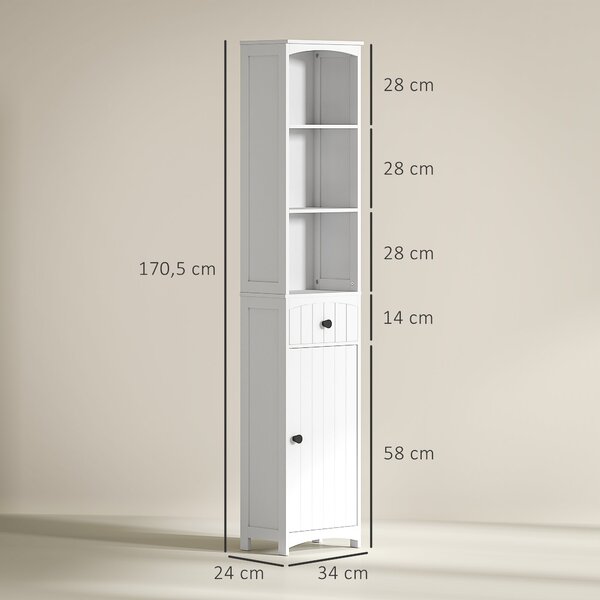 HOMCOM Koupelnová skříňka Vysoká skříňka se 3 policemi a 1 zásuvkou pro koupelnu, Bílá, 34x24x170,5cm | Aosom