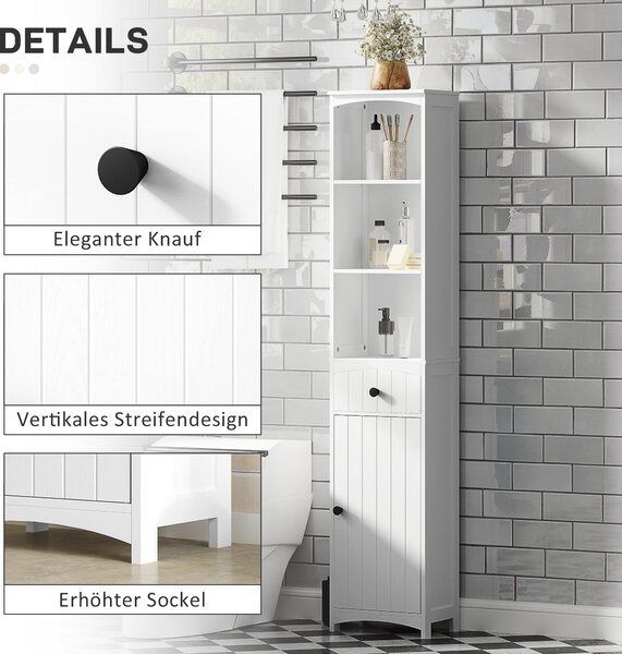 HOMCOM Koupelnová skříňka Vysoká skříňka se 3 policemi a 1 zásuvkou pro koupelnu, Bílá, 34x24x170,5cm | Aosom