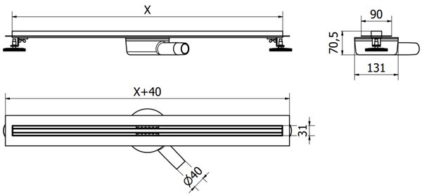 Mexen Flat nerezový sprchový žlab s rotačním 360° sifonem 70 cm, vzor SLIM, černá, 1741070