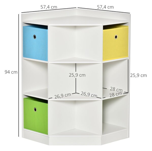HOMCOM Dětské rohové police se 3 úložnými boxy pro děti ve věku 3-12 let Bílá 57,4 x 57,4 x 94 cm | Aosom