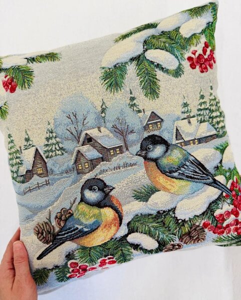 Gobelínový vánoční povlak na polštář s motivem Sýkorky 45x45 cm