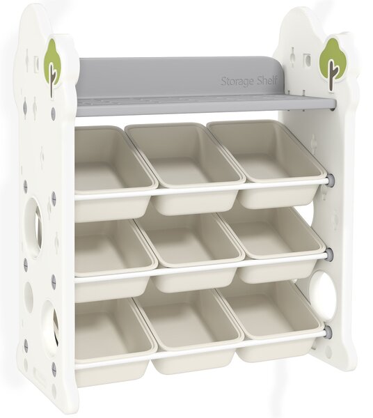 Dětská police AIYAPLAY, 4 patra s 9 odnímatelnými boxy, úložná police, háčky, úložný systém pro školky, herny, 77 x 42 x 94 cm, krémová | Aosom