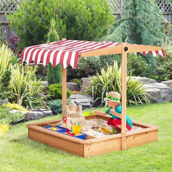 Dřevěný pískoviště Outsunny bez dna pro děti 3-7 let se stříškou, ideální na zahradu, terasu a pláž, 107,5 x 107,5 x 110 cm | Aosom