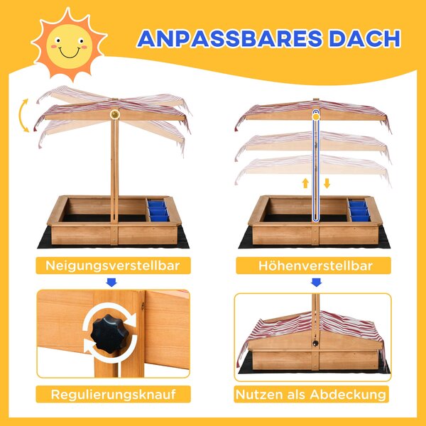 Dřevěný pískoviště Outsunny bez dna pro děti 3-7 let se stříškou, ideální na zahradu, terasu a pláž, 107,5 x 107,5 x 110 cm | Aosom