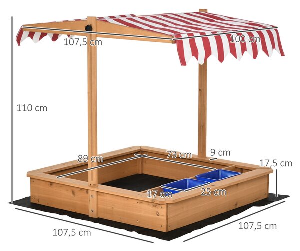 Dřevěný pískoviště Outsunny bez dna pro děti 3-7 let se stříškou, ideální na zahradu, terasu a pláž, 107,5 x 107,5 x 110 cm | Aosom