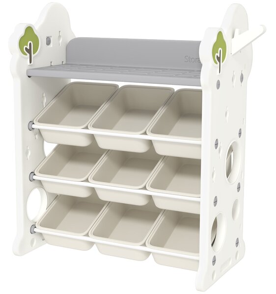 Dětská police AIYAPLAY, 4 patra s 9 odnímatelnými boxy, úložná police, háčky, úložný systém pro školky, herny, 77 x 42 x 94 cm, krémová | Aosom