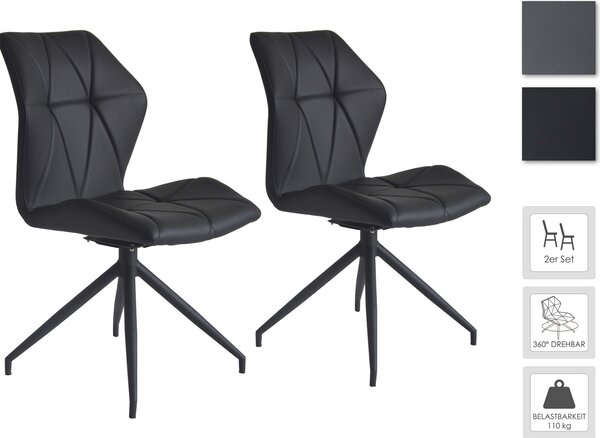 ByLIVING Jídelní židle set 2 IMKE / Umělá kůže černá / Rám kov černý / Sedák otočný o 360° / Jídelní židle / Diamantové prošívání / Š 52, V 90,5, H 62 cm