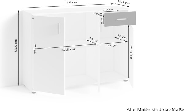 ByLIVING Jakob komoda, šířka 110 cm, antracitový melamin, vzhled starého dřeva, se 3 dvířky a 1 zásuvkou