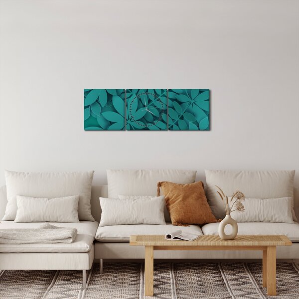 Obraz - Tyrkysové listy (s hodinami) (90x30 cm)