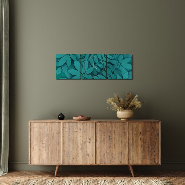 Obraz - Tyrkysové listy (s hodinami) (90x30 cm)