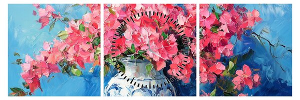 Obraz - Váza růžových květin (s hodinami) (90x30 cm)