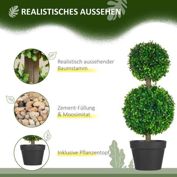 HOMCOM 2-pack Velký Umělý Přírodní Buxus 60 cm, UV Odolná Umělá Rostlina, Plastové Umělé Rostliny v Potu, Umělý Strom, Vypadají Skvěle do Obývacího Po