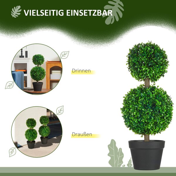 HOMCOM 2-pack Velký Umělý Přírodní Buxus 60 cm, UV Odolná Umělá Rostlina, Plastové Umělé Rostliny v Potu, Umělý Strom, Vypadají Skvěle do Obývacího Po
