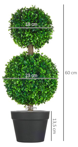 HOMCOM 2-pack Velký Umělý Přírodní Buxus 60 cm, UV Odolná Umělá Rostlina, Plastové Umělé Rostliny v Potu, Umělý Strom, Vypadají Skvěle do Obývacího Po