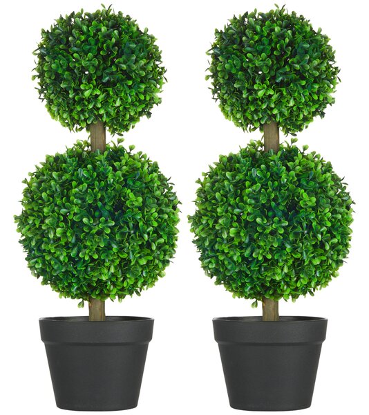 HOMCOM 2-pack Velký Umělý Přírodní Buxus 60 cm, UV Odolná Umělá Rostlina, Plastové Umělé Rostliny v Potu, Umělý Strom, Vypadají Skvěle do Obývacího Po