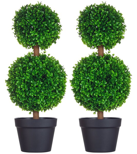 HOMCOM 2-pack Velký Umělý Přírodní Buxus 60 cm, UV Odolná Umělá Rostlina, Plastové Umělé Rostliny v Potu, Umělý Strom, Vypadají Skvěle do Obývacího Po