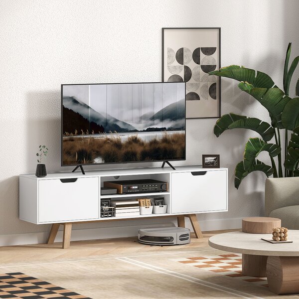 HOMCOM TV skříňka, stojan na TV pro TV až do 65 palců, nízká skříňka se 2 skříňkami a 2 policemi, TV skříňka do obývacího pokoje, 150 x 39 x 50 cm Bíl