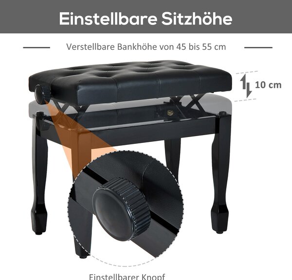 HOMCOM Klavírní Stolička Klavírní Lavice Nastavitelná Výška Stolička pro Hudební Nástroje Pevné Dřevo Umělá Kůže Černá 64 x 35 x 45-55 cm | Aosom