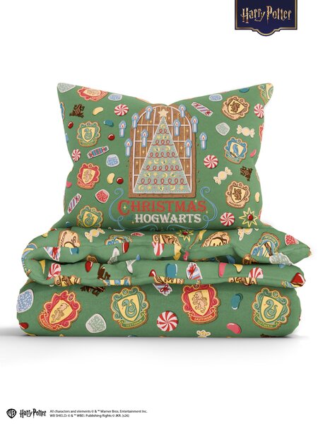 MK Lůžkoviny Bavlněné povlečení Renforcé - Christmas at Hogwarts tmavě zelené 140 × 200 cm, 70 x 90 cm