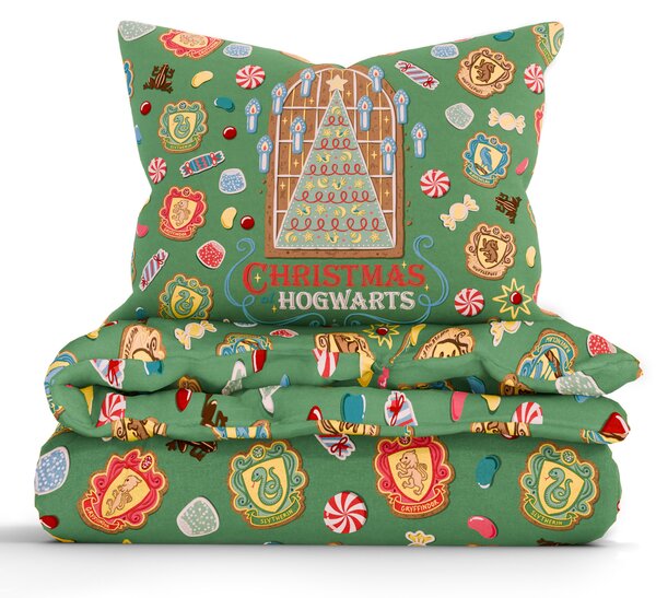 MK Lůžkoviny Bavlněné povlečení Renforcé - Christmas at Hogwarts tmavě zelené 140 × 200 cm, 70 x 90 cm