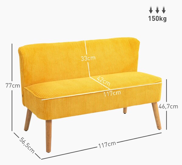 HOMCOM Moderní dvojsedák bez područek, čalouněný gauč s kordurovým vzhledem, malý lounge gauč se dřevěnými nohami do obývacího pokoje, 117 x 56,5 x 77