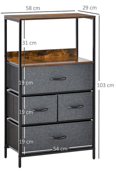 HOMCOM Komoda se 4 lněnými zásuvkami, úložná skříň s policemi, moderní design úložné komody do ložnice a obývacího pokoje Černá | Aosom
