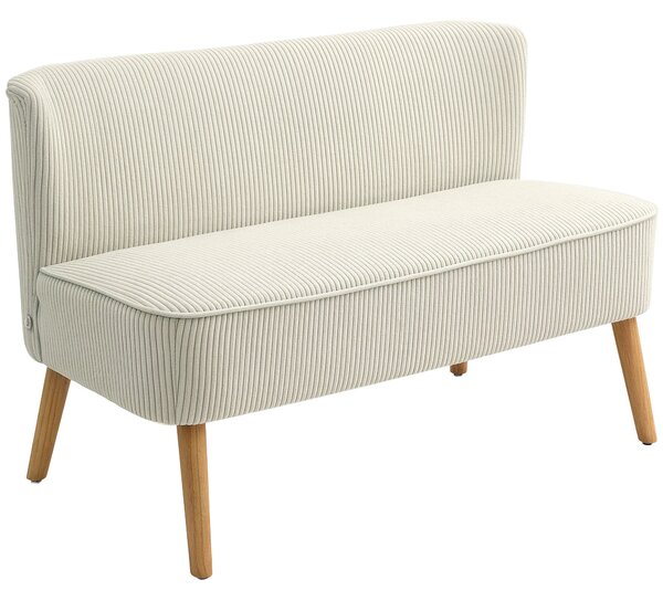 HOMCOM Moderní dvoumístná pohovka bez opěrky se sametovým vzhledem, malá pohovka s dřevěnými nohami pro obývací pokoj, 117 x 56,5 x 77 cm, Krémová | A