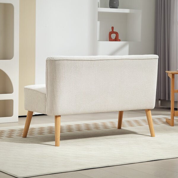 HOMCOM Moderní dvoumístná pohovka bez opěrky se sametovým vzhledem, malá pohovka s dřevěnými nohami pro obývací pokoj, 117 x 56,5 x 77 cm, Krémová | A