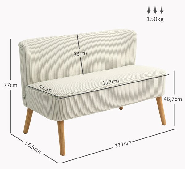 HOMCOM Moderní dvoumístná pohovka bez opěrky se sametovým vzhledem, malá pohovka s dřevěnými nohami pro obývací pokoj, 117 x 56,5 x 77 cm, Krémová | A