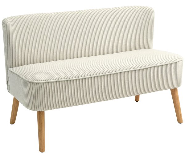 HOMCOM Moderní dvoumístná pohovka bez opěrky se sametovým vzhledem, malá pohovka s dřevěnými nohami pro obývací pokoj, 117 x 56,5 x 77 cm, Krémová | A