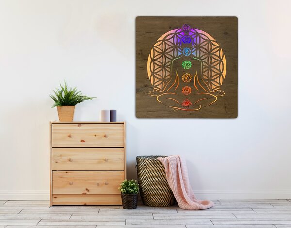 "Čakry symboly" světelný obraz 230V 90x90cm provedení povrchu: dub světlý