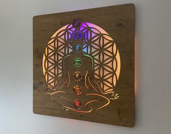 "Čakry symboly" světelný obraz 230V 90x90cm provedení povrchu: dub světlý