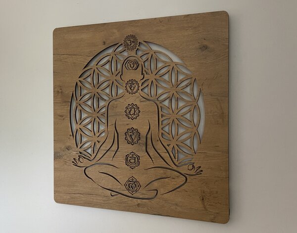 "Čakry symboly" světelný obraz 230V 90x90cm provedení povrchu: dub světlý