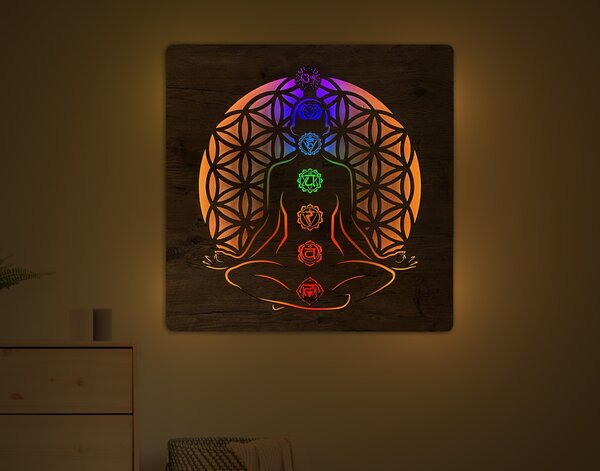 "Čakry symboly" světelný obraz 230V 90x90cm provedení povrchu: dub světlý