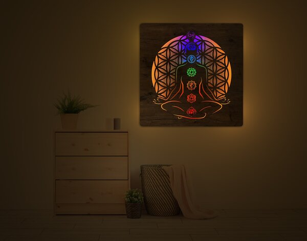 "Čakry symboly" světelný obraz 230V 90x90cm provedení povrchu: dub světlý