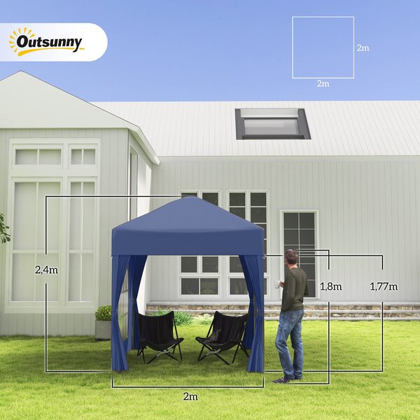 Outsunny Pavilon 2x2m Voděodolný, Pop-Up Skládací Pavilon se 4 Bočními Stěnami, Okenními Odtokovými Otvory, Skládací Party Stan UV 30+, Zahradní Stan
