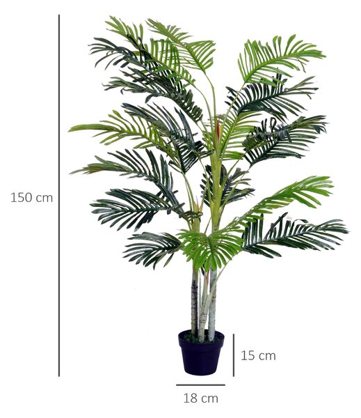 Umělá palmová palma Outsunny Velká 150 cm, Umělá rostlina, Umělá palma, Plastové umělé rostliny v květináči, Napodobenina rostliny pro obývací pokoj