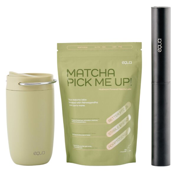 Sada 3 EQUA produktů Matcha Pick Me Up + Cup Matcha 300 ml ekologický termohrnek na pití + dobíjecí napěňovač