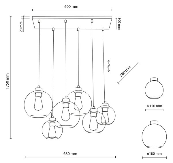 TK Lighting Černý závěsný lustr Cubus s kouřovými stínidly pro žárovku 6x E27 TK2833
