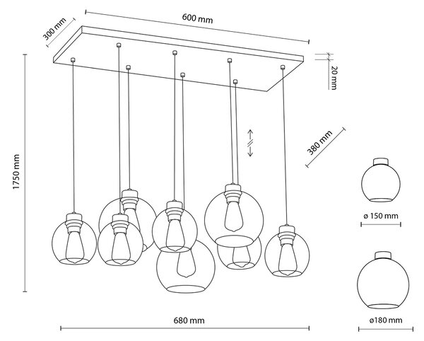TK Lighting Černý závěsný lustr Cubus pro žárovku 8x E27 TK2834